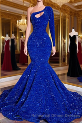 Blue sequin mermaid Semi Formal Prom dresses, shimmery African women party dresses